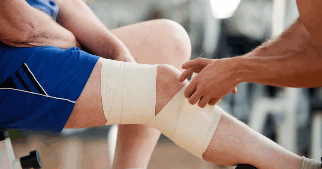AN ATHLETIC TRAINER ASSESSING A MAN'S KNEE THAT IS WRAPPED WITH BANDAGE DUE TO A KNEE SPORTS INJURY